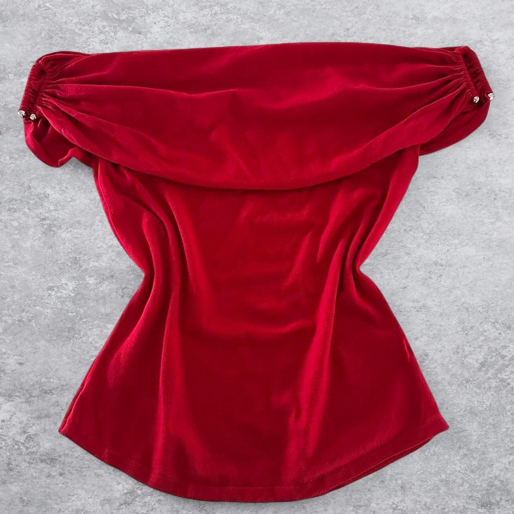 Zara Red Off The Shoulder Draped Bardot Top Metallic Detail Short Sleeve - Picture 3 of 8